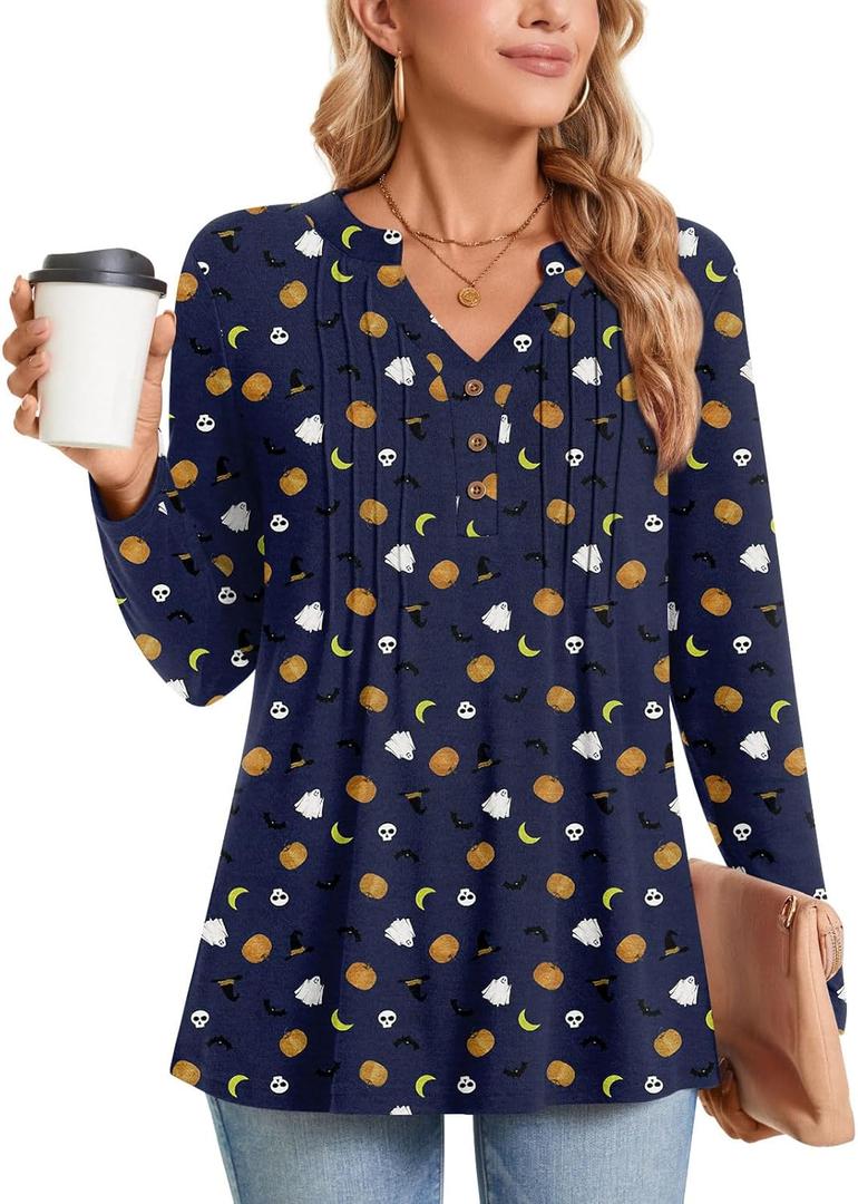 Bestbee Women's Long Sleeve Tunic Tops Pleated Button-Down Shirts 2024 Fall Tops V Neck Dressy Blouses Casual T-Shirts (Blue, XXL)