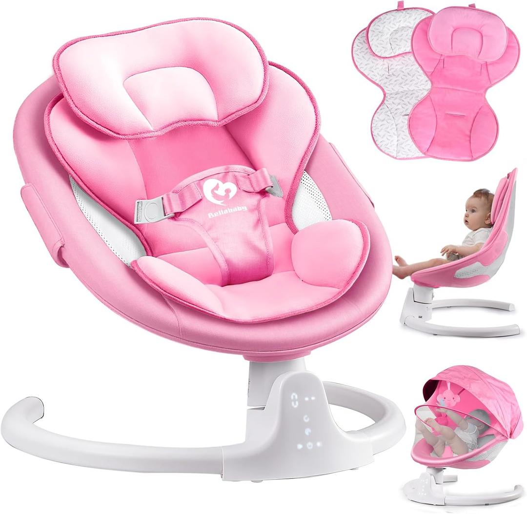 Bluetooth Baby Swing for Infants, Compact & Portable Pink Baby Girl Swing, 3 Seat Positions, 5 Swing Speed, 10 Music, Remote Control, Plug-in Power, Reversible Cushion, mecedora elctrica para Bebe