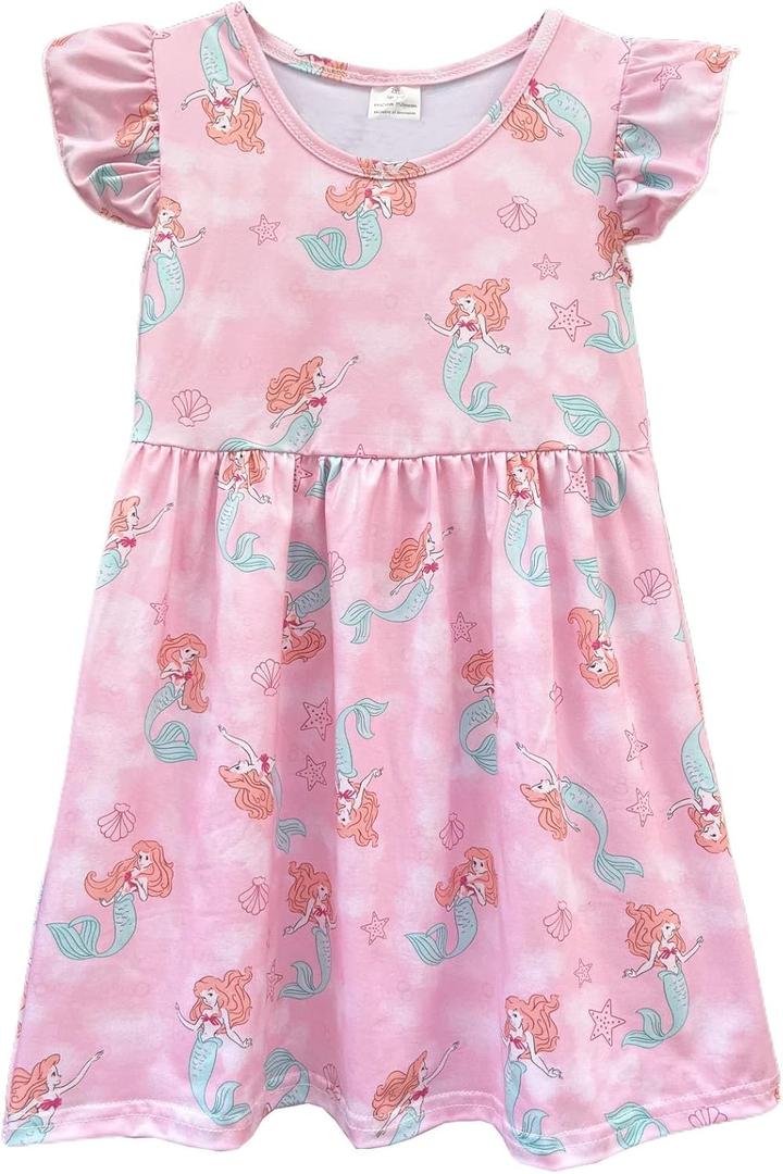 AQHOFSV Baby Girls Flutter Sleeve Princess Cartoon Printed Dress Toddlers Spring Summer Mermaid Printed Dress 1-8Y, X-Large, Pink1 (XL)