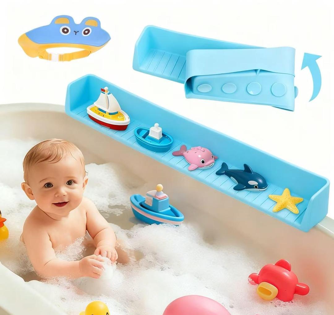 Bathtub Splash Guard for Kids, 2-in-1 Bath Toy Organizer, Tub Shelf & Bath Storage Ledge, Long Silicone Tub Splash Guard with Strong Suction Cups, Helps Keep Bathroom Floor Dry (Blue)