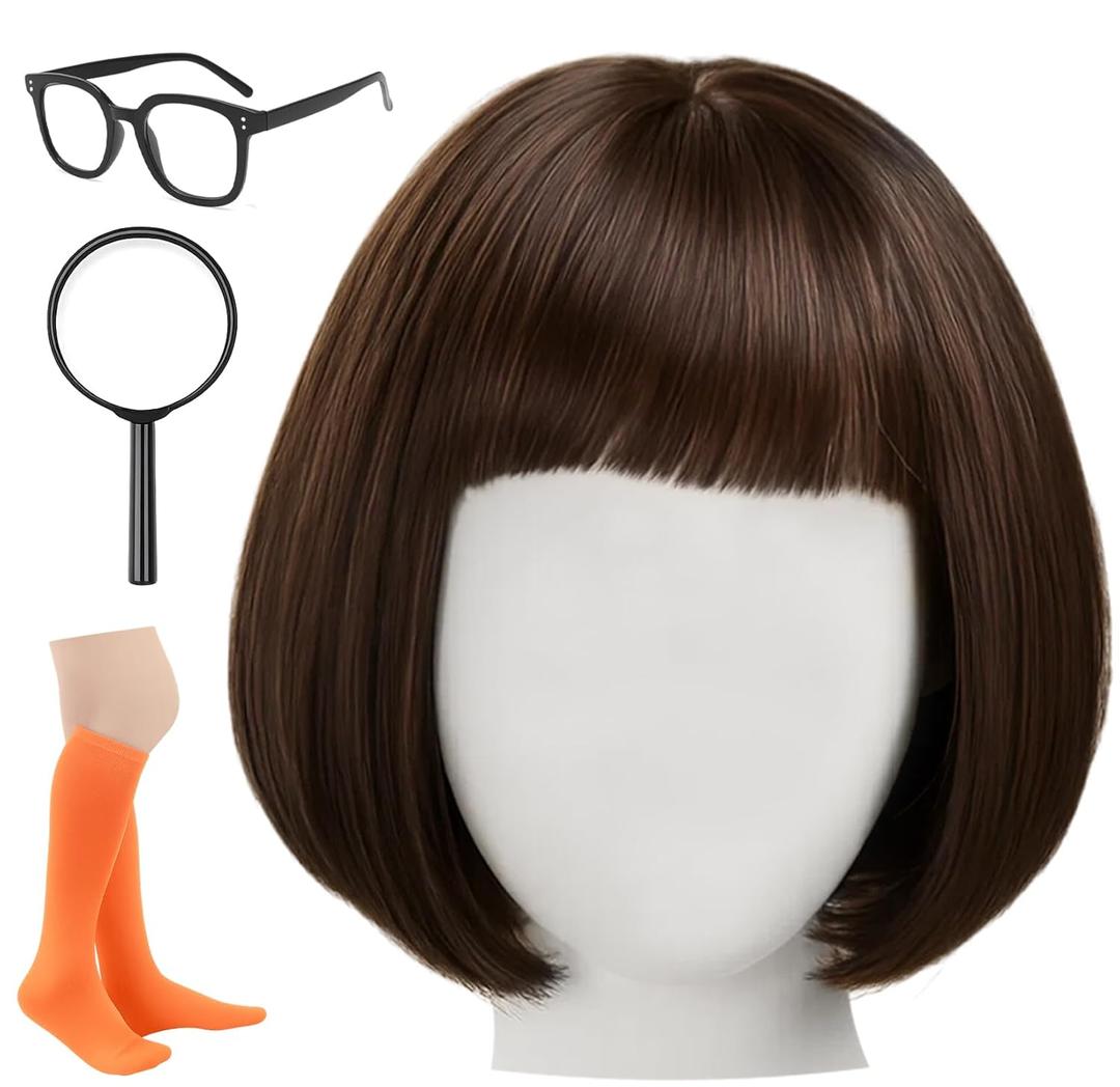 Swooflia Black Bob Wig for Women & Cosplay Accessories - Convenient Set Includes Adjustable Wig Cap, Magnifying Glass, Socks, Cosplay Wig for Halloween, Costume, Party and Daily Use (W2-04)