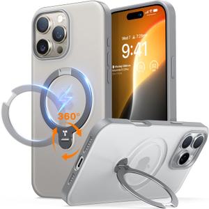 TORRAS Q3 Spin for iPhone 16 Pro Case, 360 Magnetic Stand, Fit for MagSafe, Built-in Ring Holder Kickstand, Mil-Grade Protective Translucent Hard PC Case for iPhone 16 Pro, Natural Titanium 6.3'' (Grey)