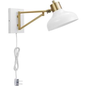 GLOBE Electric 51344 1-Light Plug-in or Hardwire Swing Arm Wall Sconce, White, Brass Accents, White-Cloth Cord, Mounted Bedside Lamp, Kitchen Sconces Wall-Lighting, Bulb Not Included