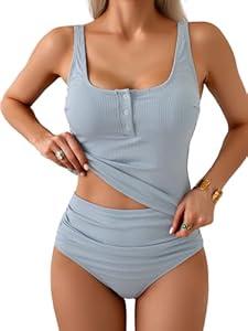 B2prity Women's Athletic Tankini Swimsuits Two Piece Adjustable Button-Up Bathing Suit Full Coverage High Waisted Swimwear, S