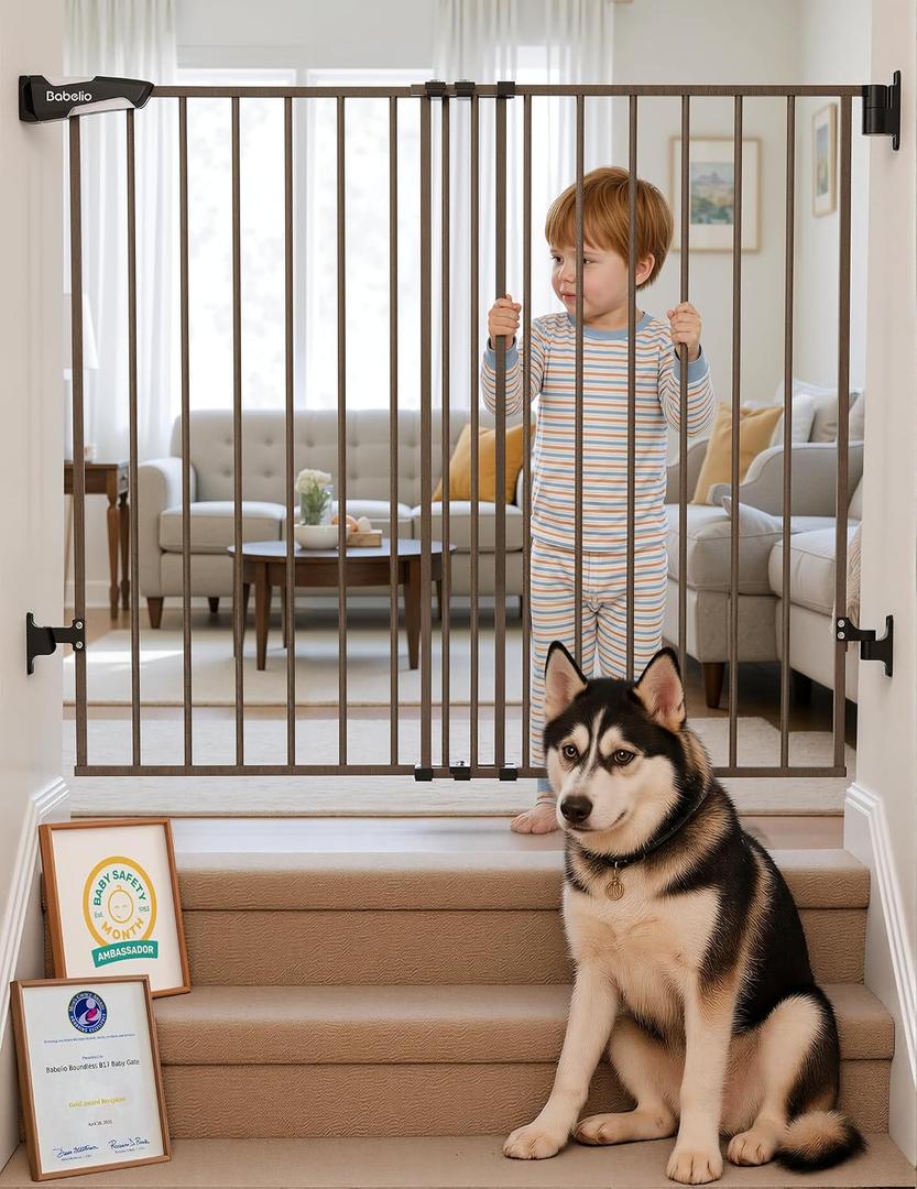 Babelio 34" Extra Tall No Bottom Bar Baby Gate, 26-43", Black Wood Pattern