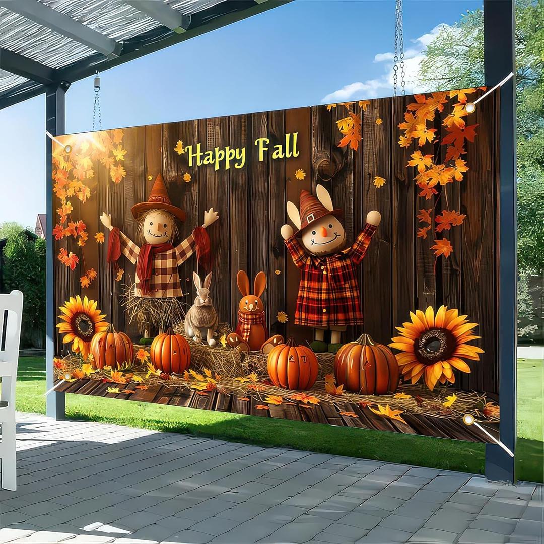 Happy Fall Banner 71x43 Inchs Fall Scarecrow Sunflower Outdoor Indoor Backdrop Banner Autumn Thanksgiving Party Decor Autumn Maple Leaves Pumpkins Backdrop Decorations