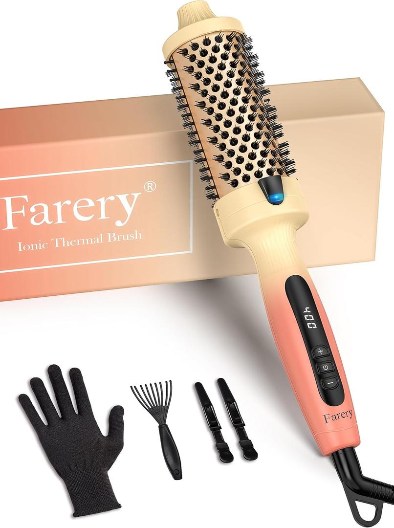 1.77-Inch Thermal Brush - Ceramic Ionic Heated Round Brush for 90's Full-Bodied Style, Volumizing, Smooth Hair & Natural Curls, Dual MCH Heating, Digital Display, 9 Temperature, Dual Voltage (Sunset Orange Gradient)