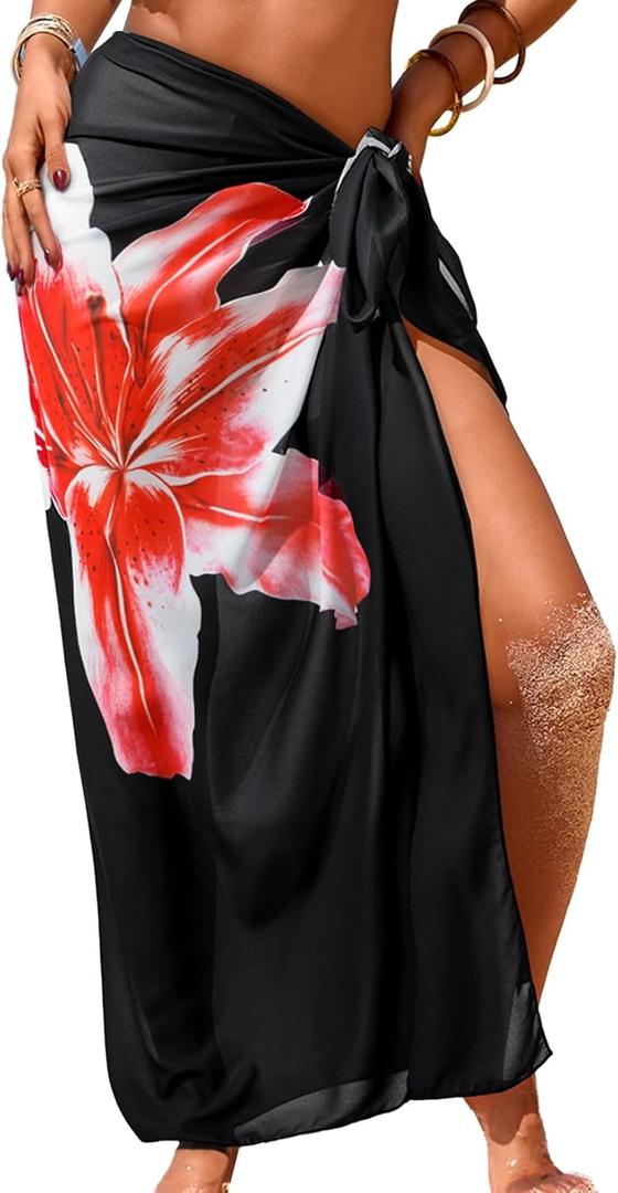 Herseas Women Sheer Sarong High Slit One Size Swimsuit Coverups 2026 Summer Floral Print Chiffon Wraps Beach Cover Up (Black, M)