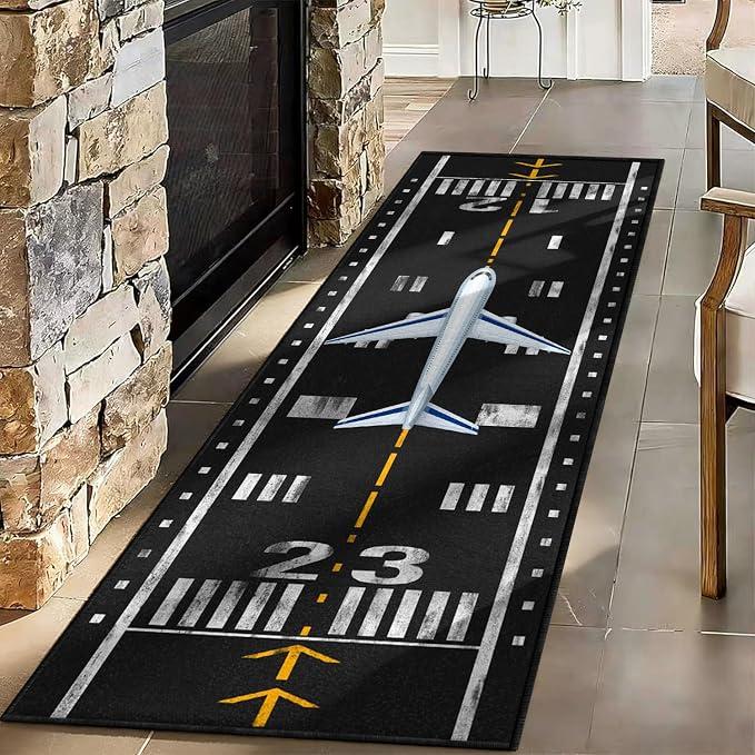 Airplane Rug Kids Play Carpet, 1'4" x 79", Airport Runway Theme for Boys Bedroom Playroom, Low Pile Non-Slip Children Floor Mat for Bedroom