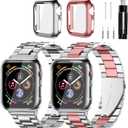 Stainless Steel Band and Case Compatible With Apple Watch Iwatch Ultra Series 11 10 9 8 7 6 5 4 3 2 1 SE 49mm 45mm 46mm 44mm 42mm 41mm 40mm 38mm, Men Women Classic Classy Metal Business (Pink/Silver & Silver)