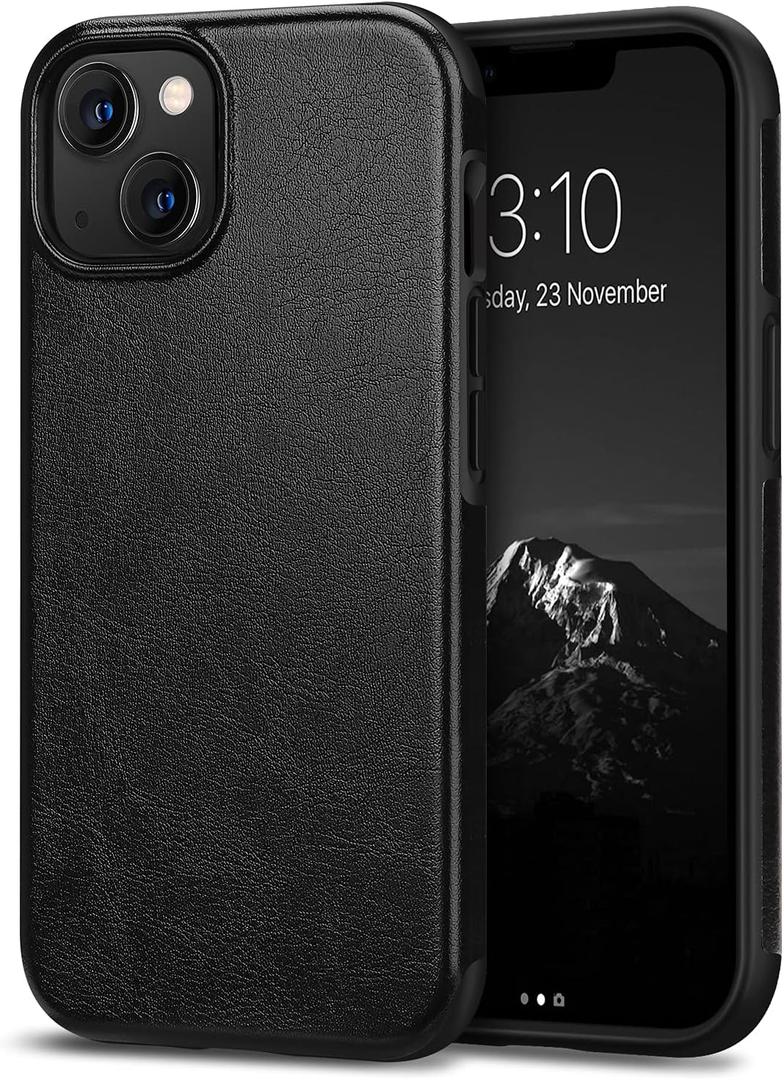 TENDLIN Compatible with iPhone 13 Case Premium Leather TPU Hybrid Case (Black)