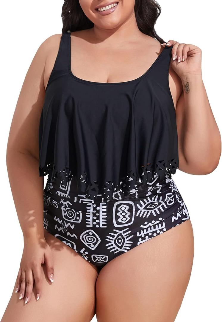 Mooncore Womens Plus Size Swimsuit High Waisted Tankini Bathing Suits Two Piece Flounce Bikini Swimsuit (Blackwhite) XL