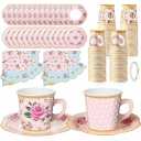 Umigy 36 Set Tea Party Decorations 6.5oz Floral Paper Tea Cups with Handle and Saucers Paper Napkins with Tape, Blossom Disposable Tea Cups and Saucers Sets for Wedding Birthday Baby Shower (Pink)