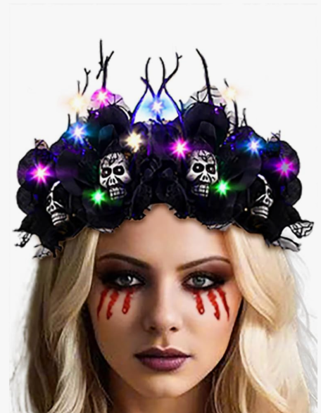 Light Up Halloween Crown Headband Black Rose Flower Hairband Skull Costume Hair Accessories for Women
