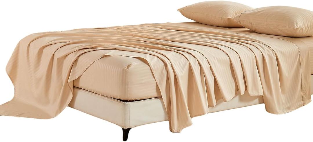 Kingnex Oversized King Flat Sheet 132x110 with Striped Pattern Extra Wide Durable Soft Bed Top Sheet Only Beige