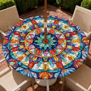 Outdoor Tablecloth with Umbrella Hole and Zipper Waterproof Round Fitted Tablecloth with Elastic Edge, Wipeable Outdoor Table Cover for Patio, Garden, Picnic Fits 32-36" Round Tables