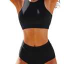 High Waisted Bikinis for Women High Neck Sporty Racerback Crop Top Swimsuit High Cut Two Piece Bathing Suit (Large, Black)