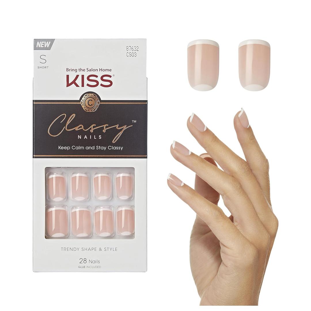 KISS Classy Fake Nails Ready-To-Wear DIY Manicure - Simple Enough, Waterproof, Smudge Proof, Chip Proof, No Dry Time, Durable & Flexible, Long Lasting, Short & Square, Quick & Easy | 28 Count