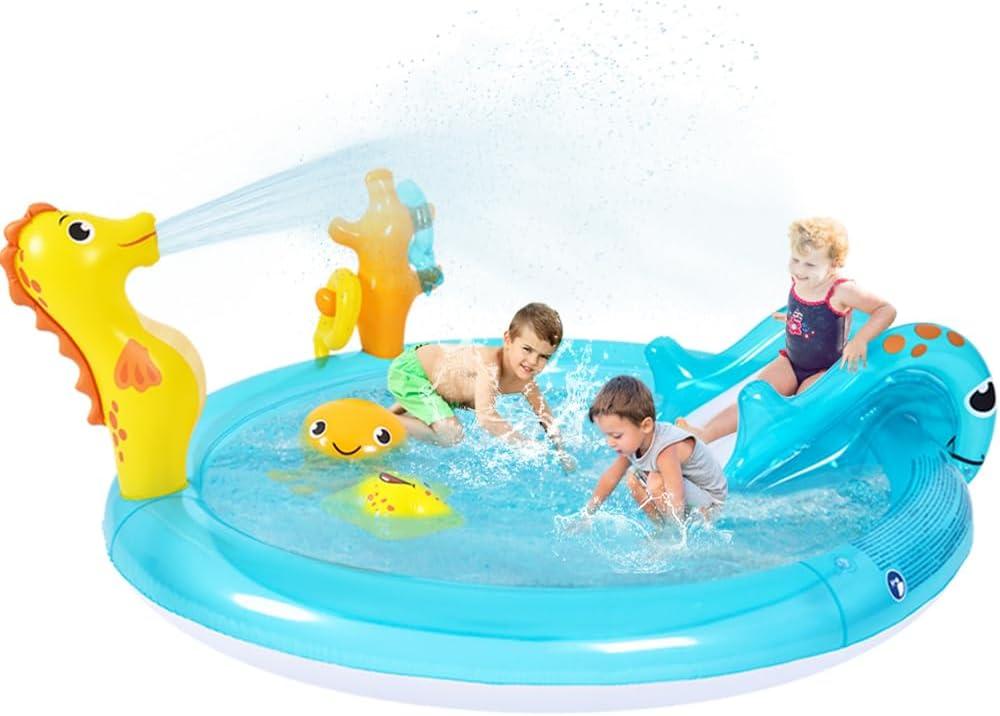 Sea Animal Inflatable Kids Pool with Slide and Sprinkler, Inflatable Play Center with Rings & Animal Figures, 78"x59.5"x15.5" Kiddie Pool for Summer Outdoor Backyard