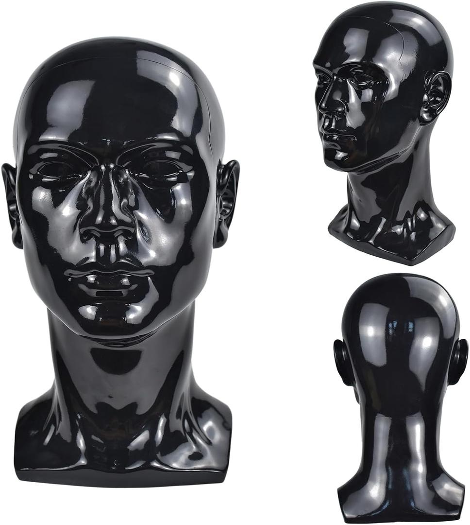 Male Mannequin Head PVC Professional Male Head Model Training Head Display for Wigs Hat Mask Scarf Sunglasses with Mount Hole (Bright black)
