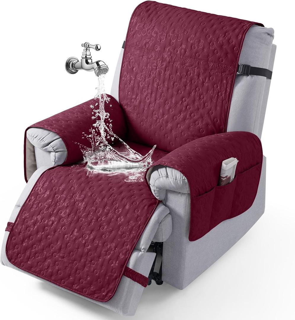 VANSOFY 100% Waterproof Recliner Chair Cover, Recliner Cover with Non-Slip Granule, Washable Reclining Chair with Pocket Furniture Protector for Kids, Pets(Burgundy, 20")