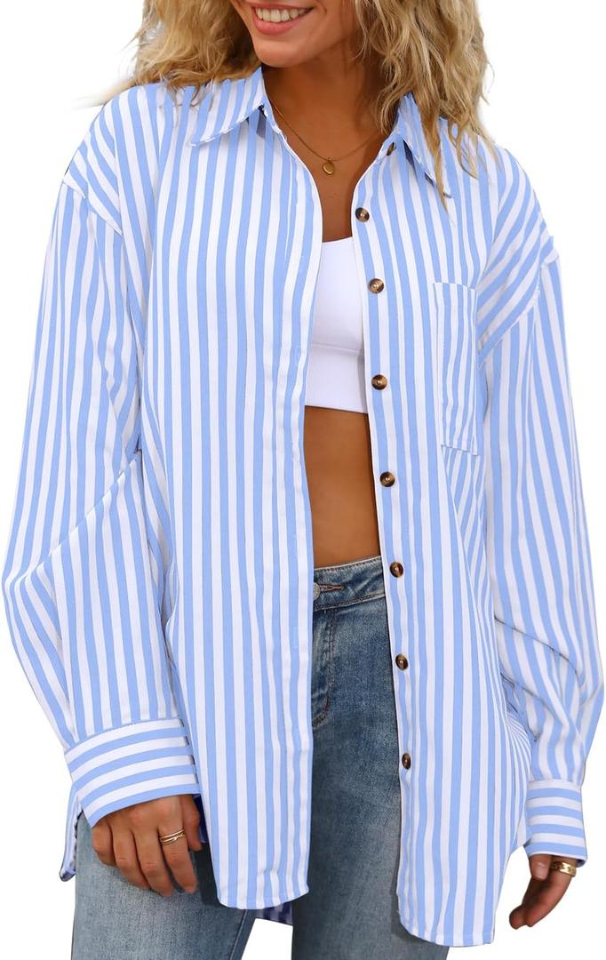 CHYRII Womens Striped Button Down Shirt Casual Long Sleeve Blouse Top (Medium, Blue)