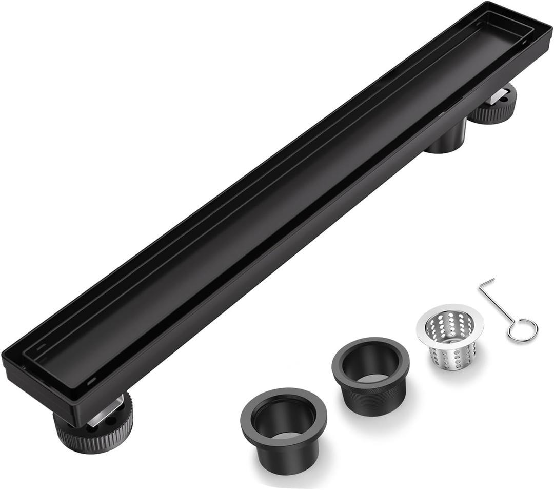 32 Inch Offset Linear Shower Drain Matte Black2-in-1 Flat Reversible Cover with Tile Insert Grate Cover, Side Out Stainless Steel Linear Floor Drain Including Hair Strainer