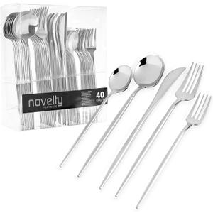 Novelty Modern Flatware Cutlery Disposable Plastic Combo Set 40 Count Luxury Silver, Service for 8 Novelty Modern Flatware Cutlery Disposable Plastic Combo Set 40 Count Luxury Silver, Service for 8