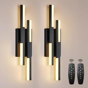 Benkut Modern LED Vanity Lights Set of 2, Black Wall Sconce with Remote Control Dimmable Indoor Wall Light Bedside Remote Sconce for Bedroom Bathroom Living Dining Room (2 Pack H19.7)