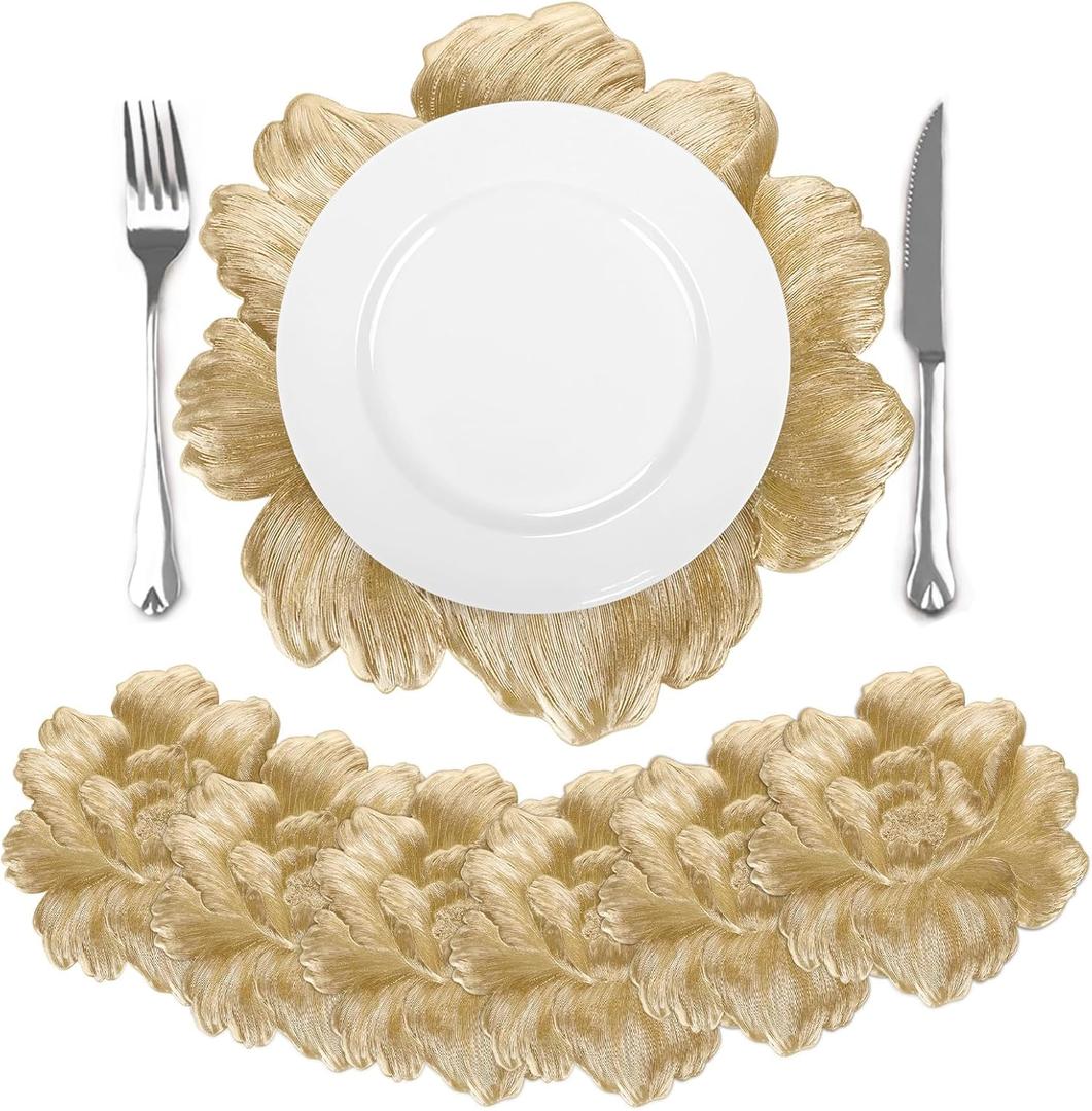 Comfoyar Gold Round Metallic Flower Placemats Set of 6, 15x15 Inch Non-Slip Vinyl Floral Place Mats, Washable Waterproof Table Mats for Indoor Kitchen Dining Party Table Decoration
