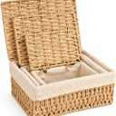 Small Wicker Basket with Lid, Khaki Paper Rope Woven Storage Basket with Removable Liner, Stackable Shelf Bin for Bathroom, Closet, Nursery