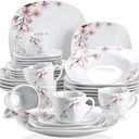VEWEET Annie Porcelain Dinnerware for 6, 30-Piece Pink Floral Dish Set With Plates and Bowls Including Dinner, Dessert, Soup, Cups & Saucers