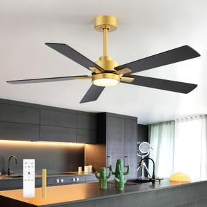 Ceiling Fans with LED Lights, 52 Inch 5-Blade Ceiling Fan Remote Control, Industrial Ceiling Fan with Reversible DC Motor, Downrod Mount LED Ceiling Light Chandelier for Bedroom (Gold & Black)