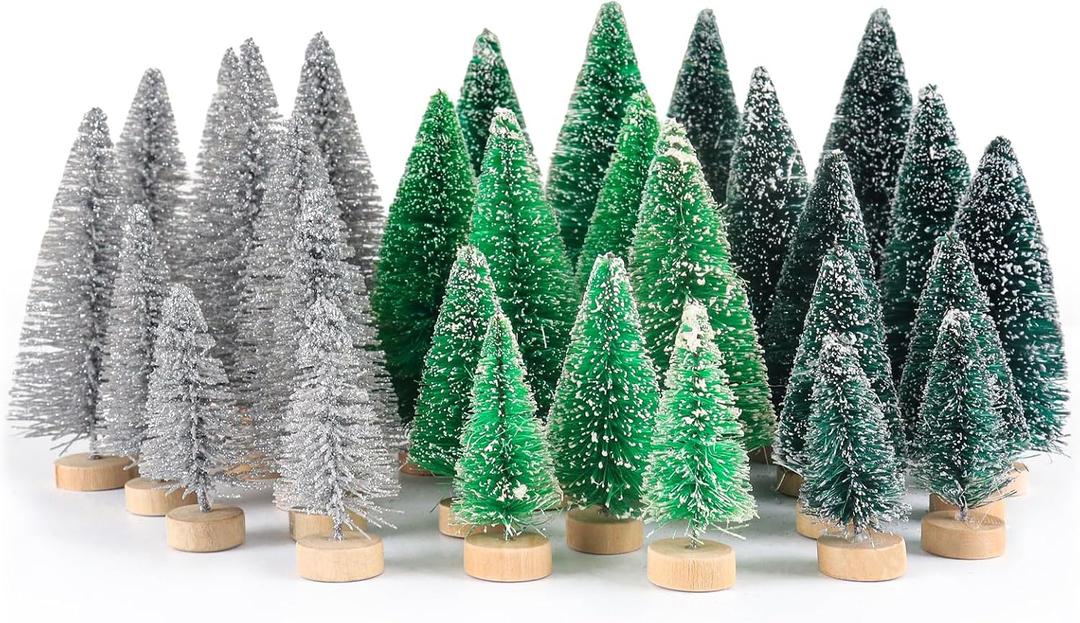 Bottle Brush Trees, Christmas Village Decor Accessories, Xmas Village Trees, Christmas Decorations Indoor (Silver+Green+DarkGreen)