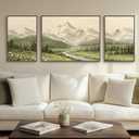 Large Framed Mountain Wall Art for Living Room, 3 Piece Modern Green Landscape Canvas Artworks, Forest River Nature Scenery Painting Prints for Bedroom Entryway Hallway Home Office Wall Decor, 24" H x 64" W