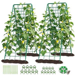 DoCred Cucumber Trellis, 59" H 2 Pack Metal Foldable Thickened A Frame Garden Trellis for Raised Bed Climbing Plants, Vegetables, Including Plant Support Clips, Twist Ties, Plastic Ties, Green