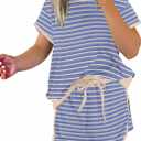 SELINK Lounge Sets for Women 2 Piece Skirt Colorblock Drop Shoulder T Shirt and Skort Set Summer Tracksuits Sky Blue Stripe-M