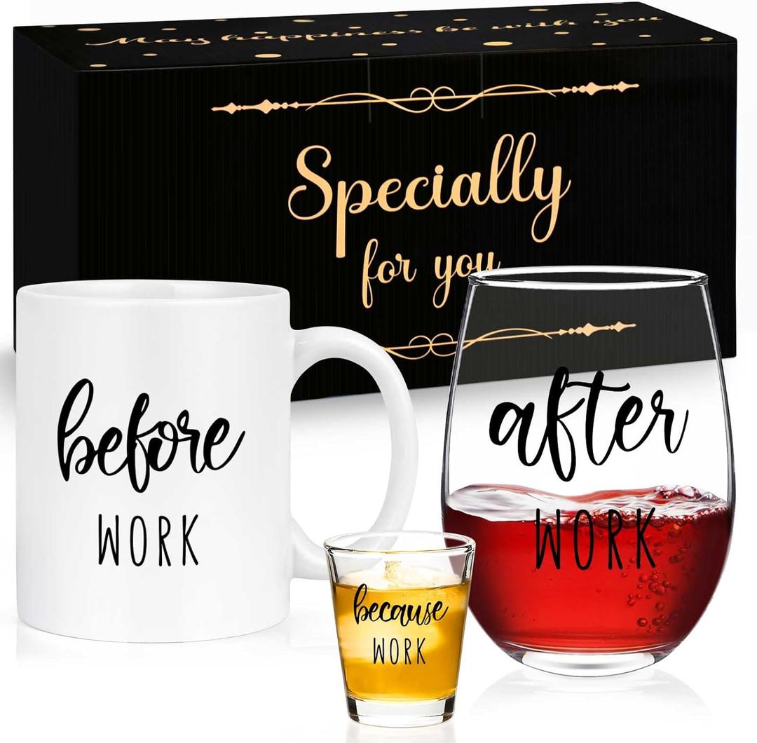 Futtumy Before Work After Work Gift Set 11 Oz Coffee Mug 17 Oz Stemless Wine Glass 2 Oz Shot Glass Set for Boss Coworker Manger Leader Employee, Office Gifts Bosses Day Gifts Christmas Gift for Women