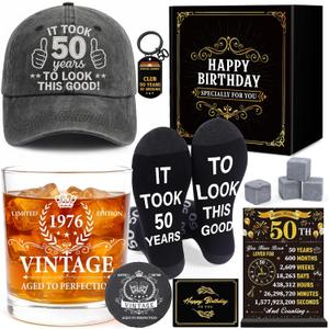 50th Birthday Gifts for Men Him, 50 Year Old Gifts Ideas for Dad Husband Man, Vintage Whiskey Glass Set with Glass Acrylic Standee Novelty Socks Coaster Stones Birthday Cards Keychain