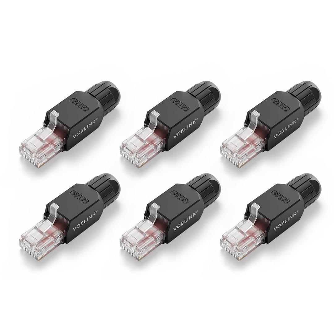 VCELINK RJ45 Connector Tool-Free, CAT6 Field Termination Plug, Gold Plated Modular Plug, UTP CAT6 Connector Toolless for 23 to 26 AWG Network Cable, 6 Pack, Black