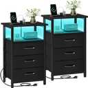 Vagusicc Night Stand Set 2 with Charging Station, LED Nightstand for Bedroom, Bedside Table with 3 Fabric Drawers, End Table Side Table with USB Ports & Outlets, Bed Side Table for Bedroom, Black