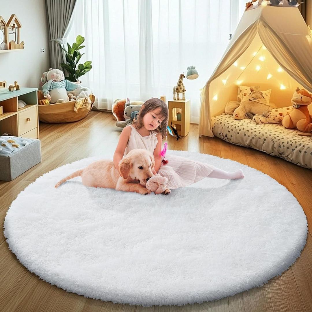 White Fluffy Round Area Rugs for Bedroom, 90x90 Shag Circle Area Rugs for Girls Room,Non Slip Fuzzy Plush Rug for Kids Room Living Room and Dorm Home Decor Rug