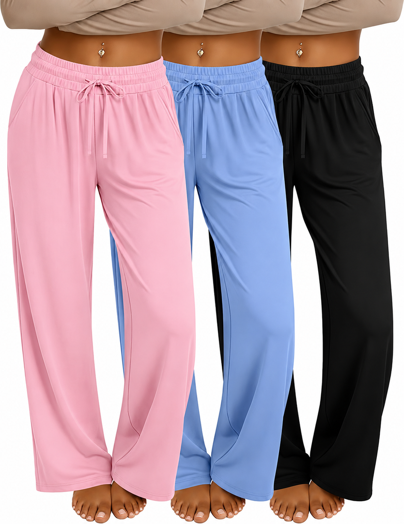 Neer 4 Pack Women's Plus Size Lounge Pants, High Waisted Wide Leg Front Seam Sweatpants Yoga Casual Baggy Pants with Pockets, 2XL - Pink, Black, Blue