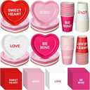 Maxcheck 196 Pcs Conversation Heart Party Supplies Valentine's Day Party Tableware Decorations Heart Disposable Paper Plates Napkins Cups for Valentine Anniversary Birthday Wedding, Serves 48 (Bright)