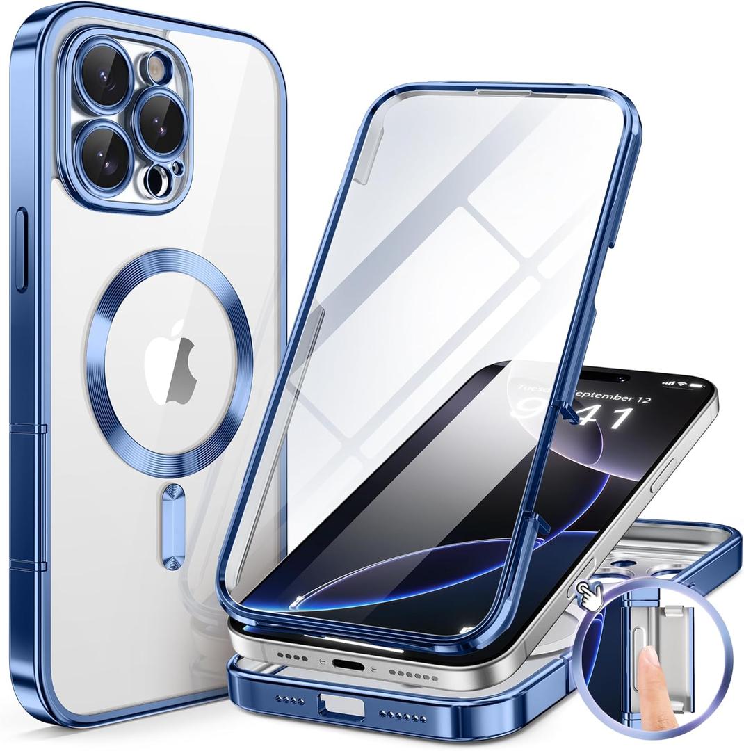 BERFY Magnetic for iPhone 16 Pro Max Case 6.9", [Compatible with Magsafe] Built-in 9H Tempered Glass Screen Protector & Upgraded Camera Protection, Full-Body Plating Phone Case for 16 ProMax, Blue