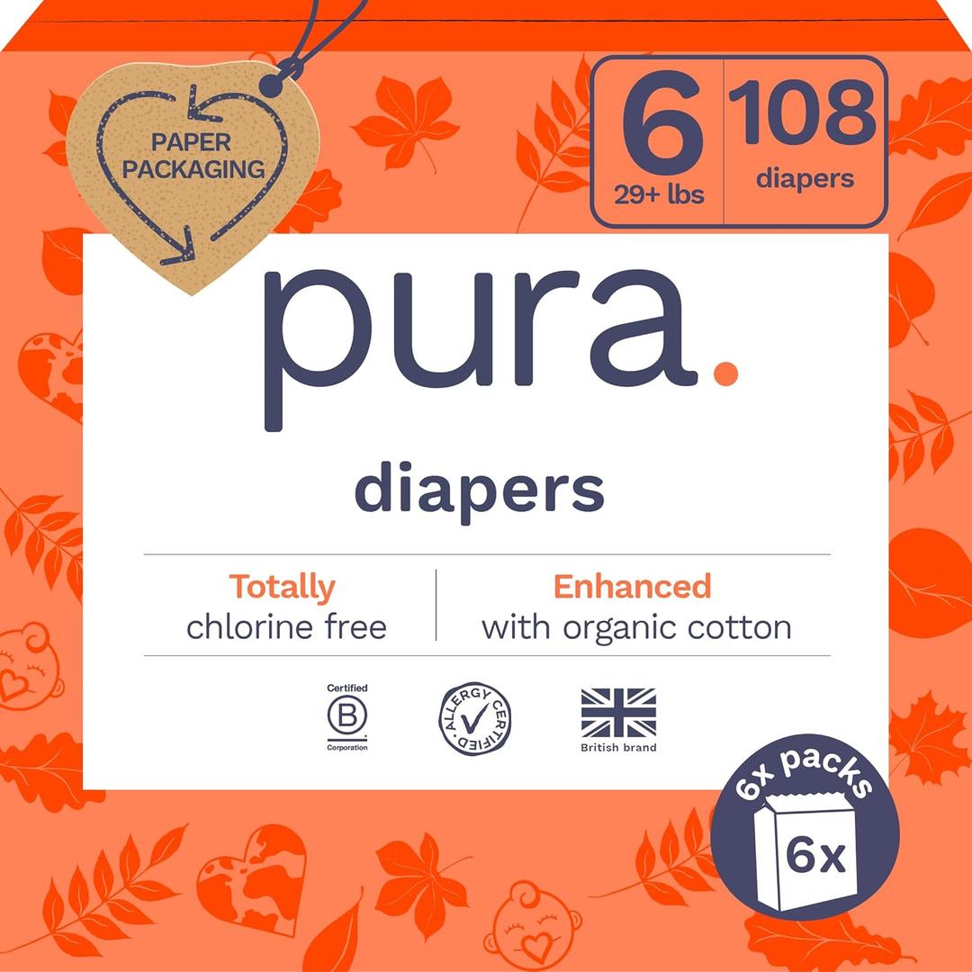 Pura Size 6 Eco-Friendly Diapers (29+ lbs) Totally Chlorine Free (TCF),Hypoallergenic, Soft Organic Cotton, Sustainable, up to 12 Hours Leak Protection, Allergy UK, 6 Packs of 18 (108 Diapers)