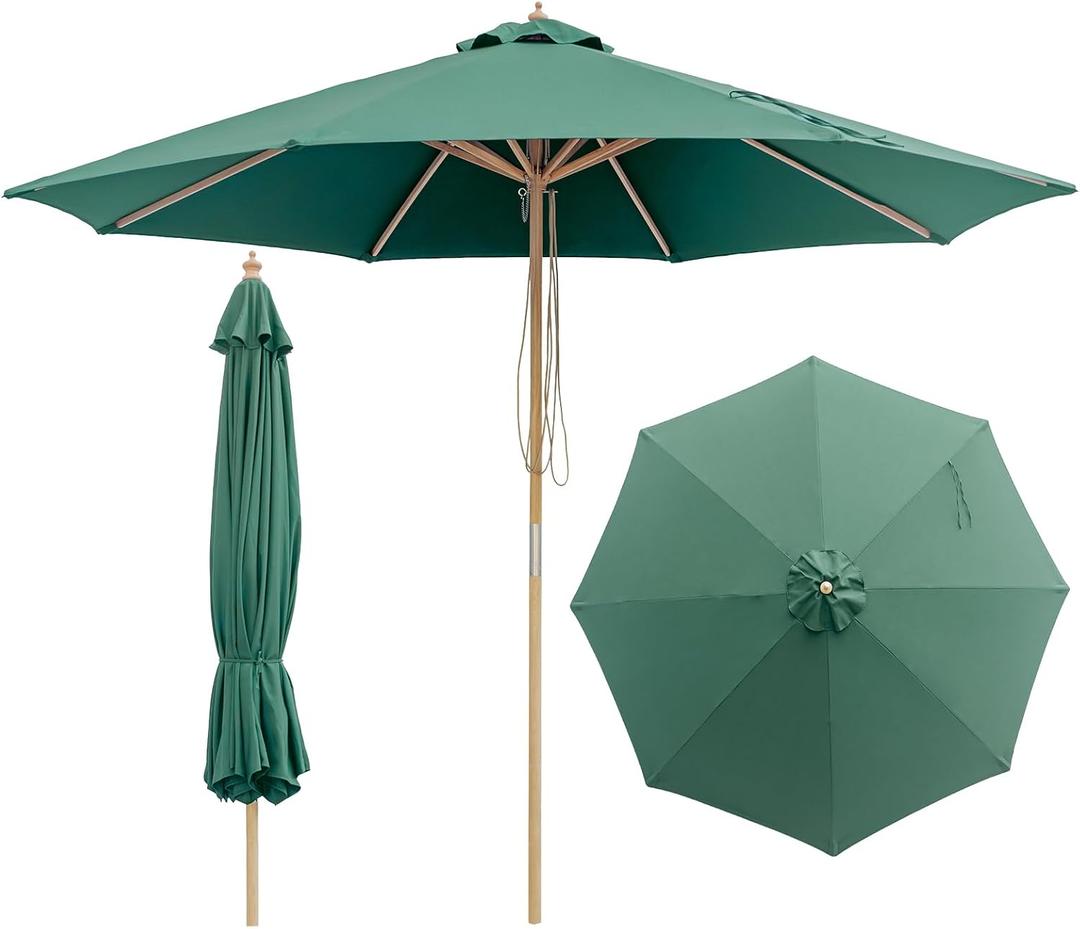 9FT/10FT Wood Patio Umbrella, Large Outdoor Table Umbrella with 205G Olefin/180G Yarn-Dyed Fabric, Push-Pull Operation, 8-Rib Vented Canopy Ideal for Patio, Backyard & Garden
