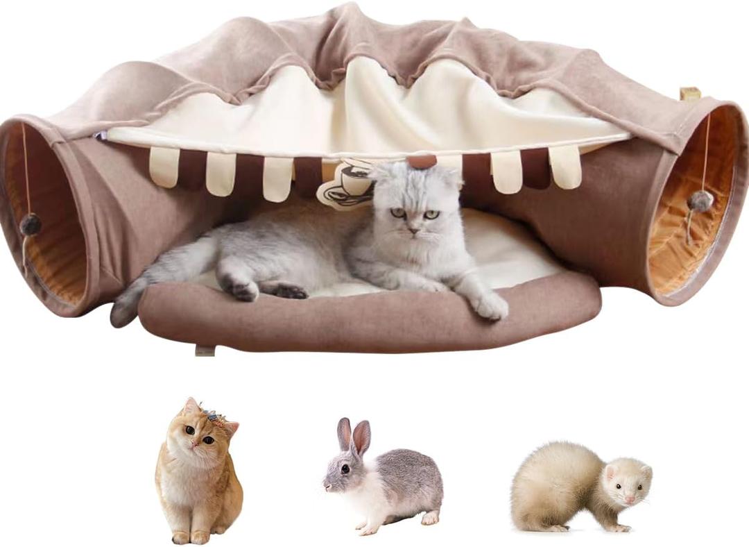 Cat Rabbit Tunnel Bed Nest for Cats Indoor, with Collapsible Washable Soft Cushion, Plush Ball and Exercise Wheel Tube, Fit for Puppy Bunny Kitty Kitten Ferret (Coffee)