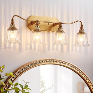 LmnLvn Bathroom Vanity Gold Light Fixture, 4 Lights Bathroom Lighting Matte Antique Brass Finish with Crystal Glass Shade, Gold Vintage Vanity Light for Bathrooms