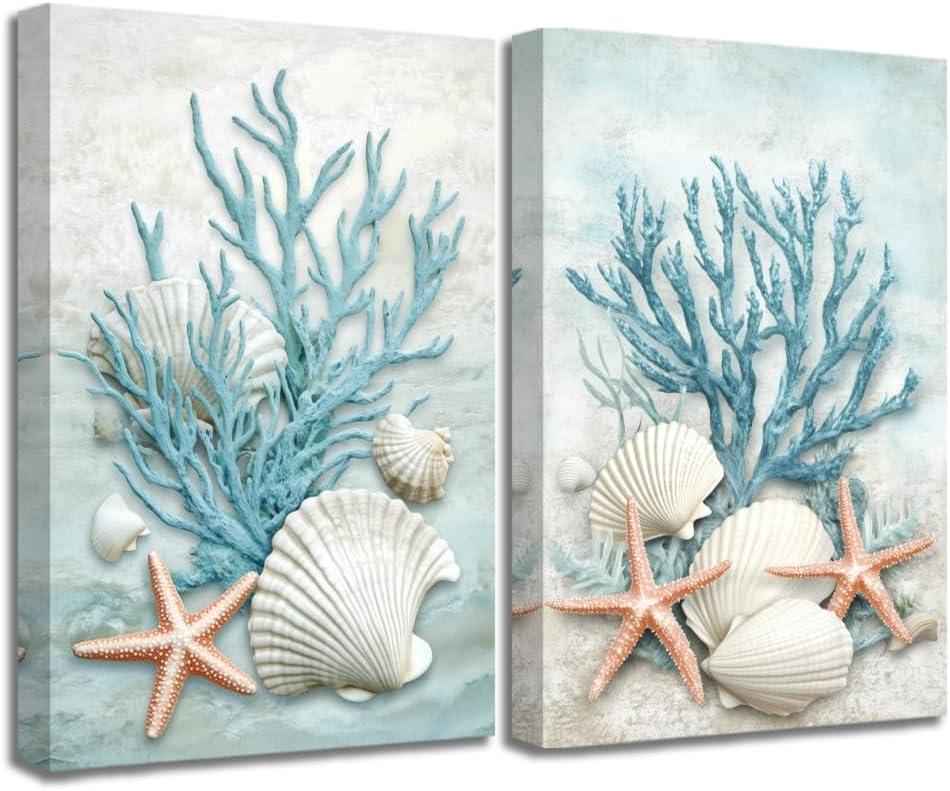 ZQQART Blue Coral Canvas Wall Art Ocean Theme Picture Wall Decor Shell Painting Starfish Prints Art Beach Bathroom Decor Framed(16.00"x24.00"x2P)